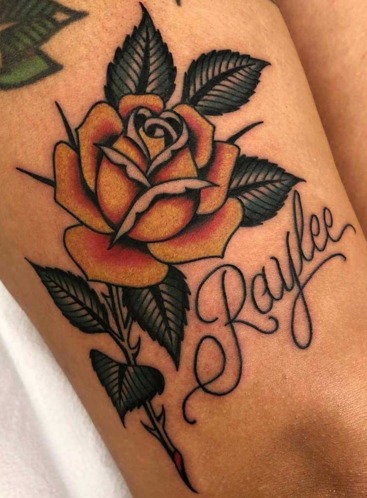 Yellow Rose with Lettering Tattoo