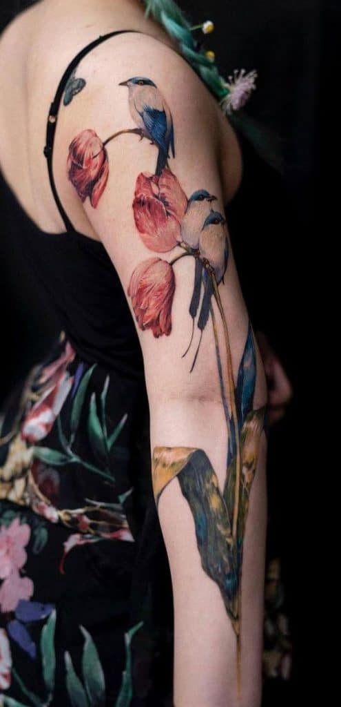 Bird and Flowers Tattoo