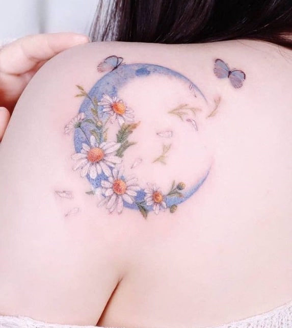 Floral Crescent Moon Tattoo 