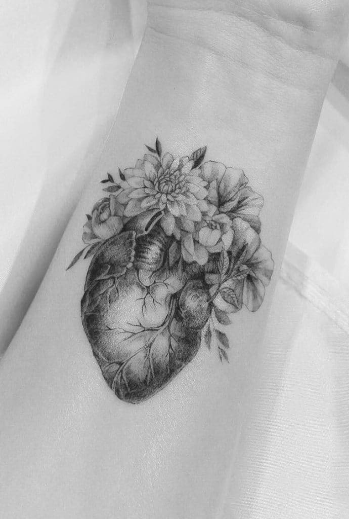 Anatomical Heart and Flower Tattoo