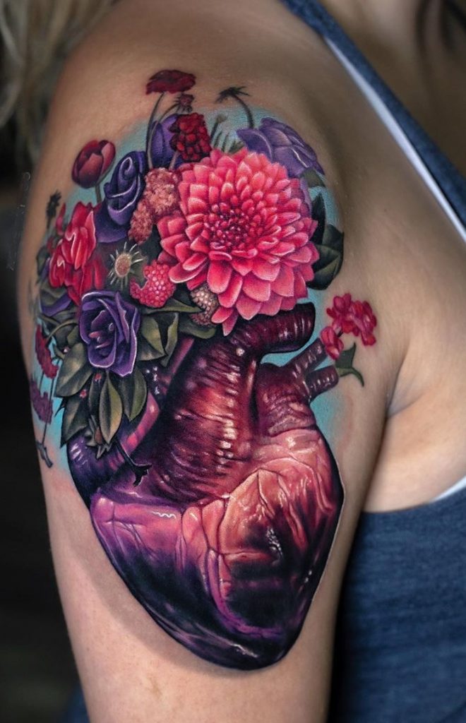 Anatomical Heart and Flower Tattoo