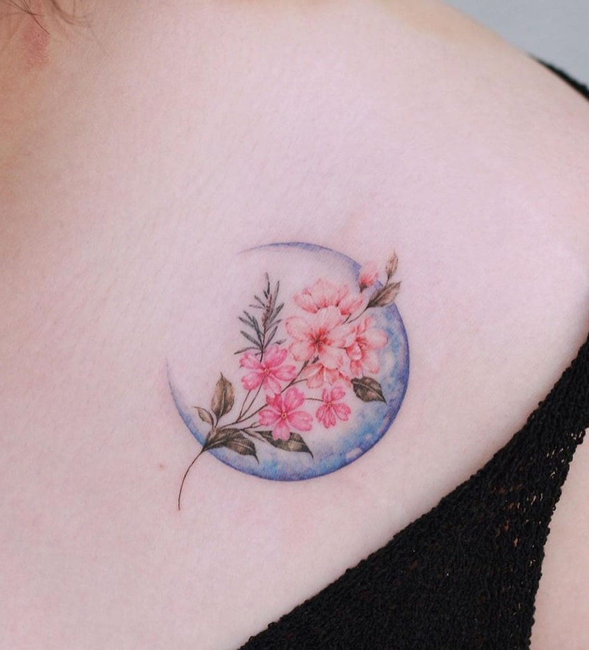 Moon and Flower Tattoo