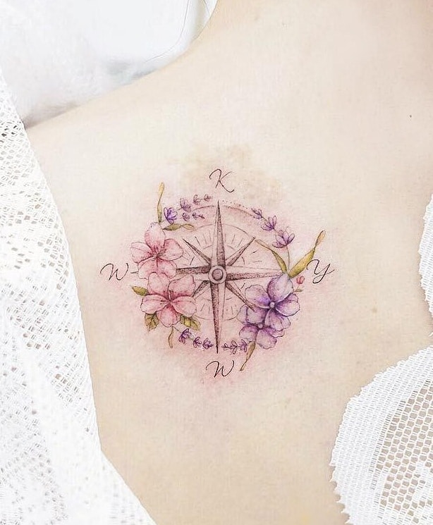 Floral Compass Rose Tattoo