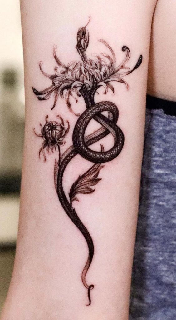 Snake Tattoo with Flowers