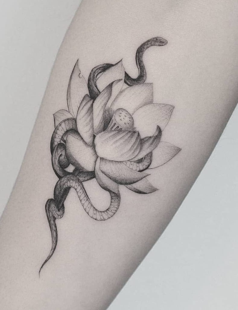 Snake Tattoo with Lotus Tattoo
