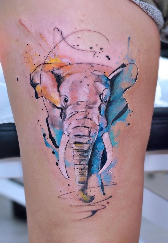 Watercolor Elephant Head Tattoo