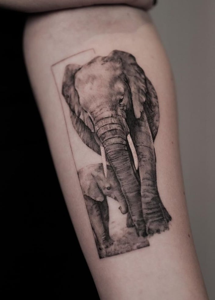 Elephant Mom and Baby Tattoo