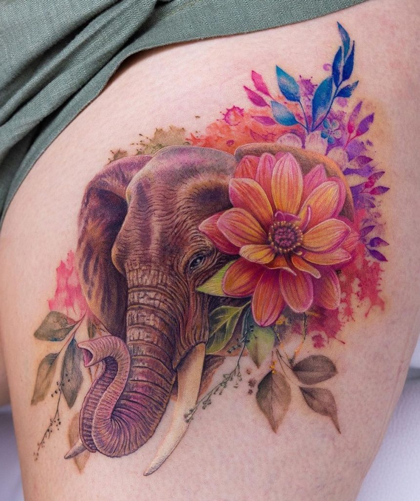 Elephant Tattoo on Thigh