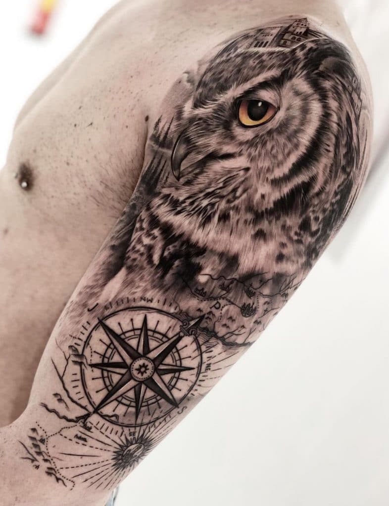 Owl and Compass Tattoo