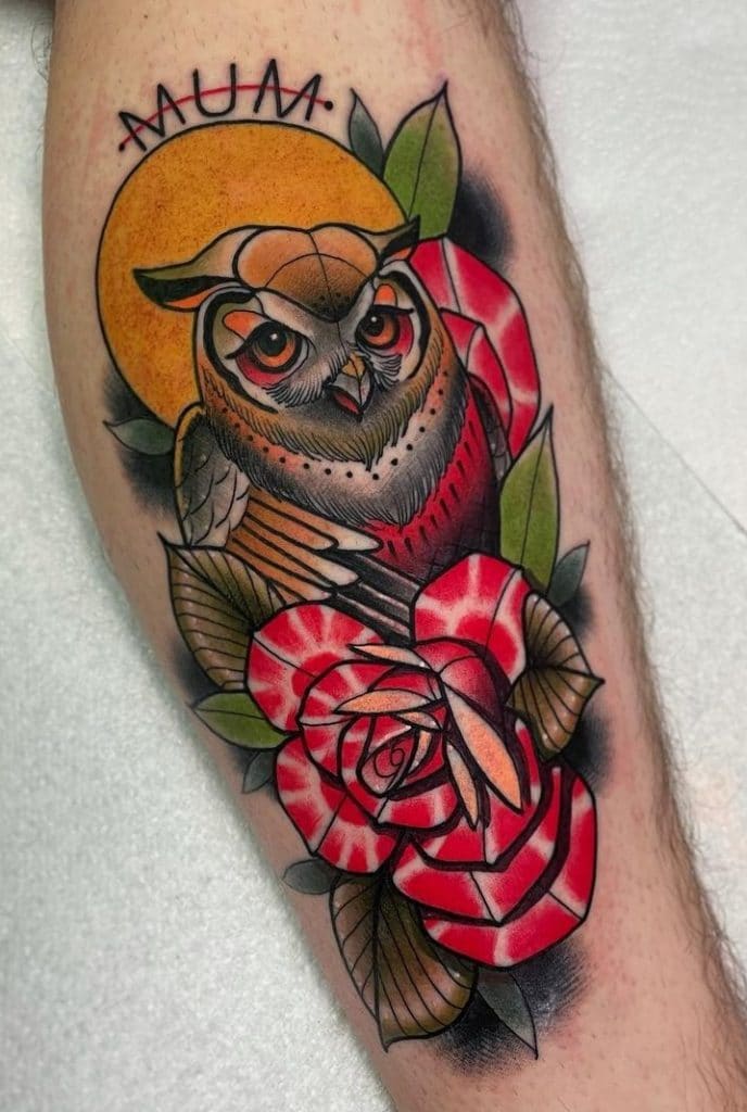 Owl and Rose Tattoo
