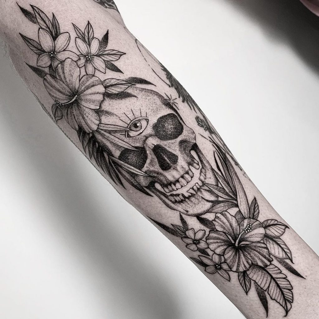 Skull Tattoo and Hibiscus Tattoo