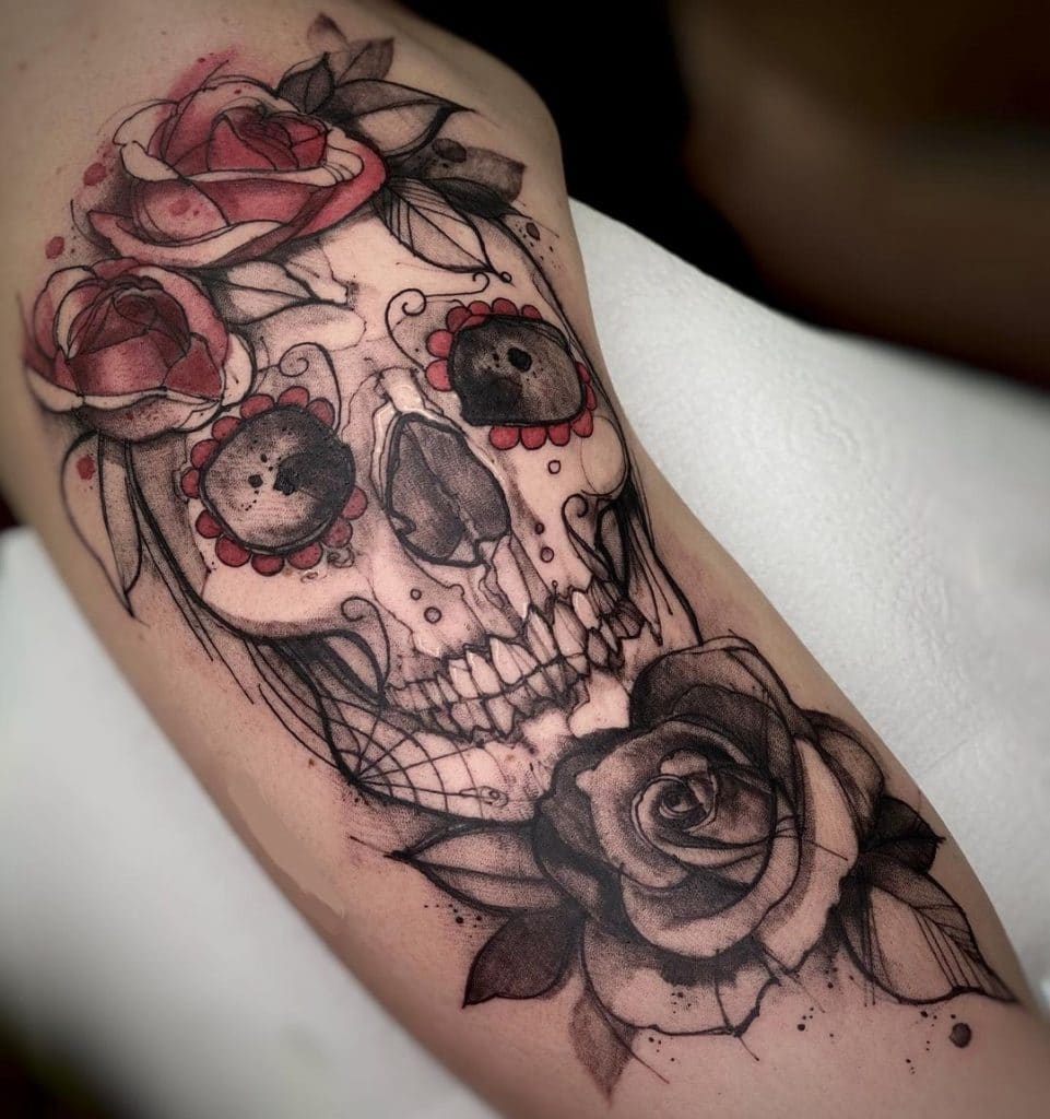 Sugar Skull Tattoo with Rose Tattoos