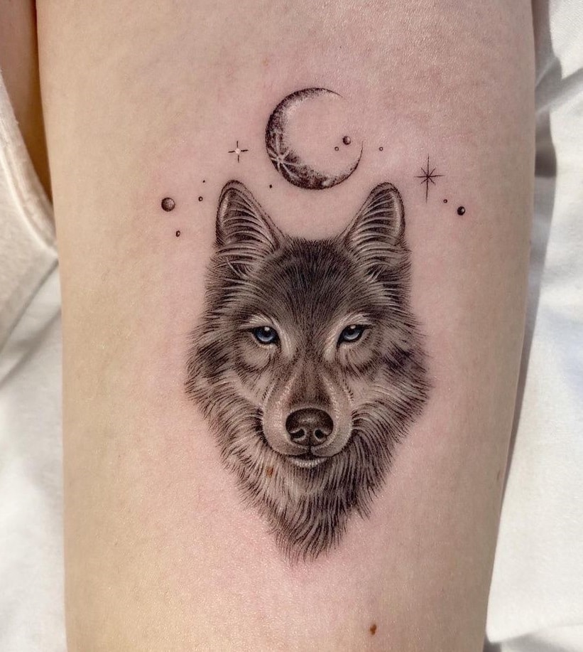 Wolf with Moon Tattoo