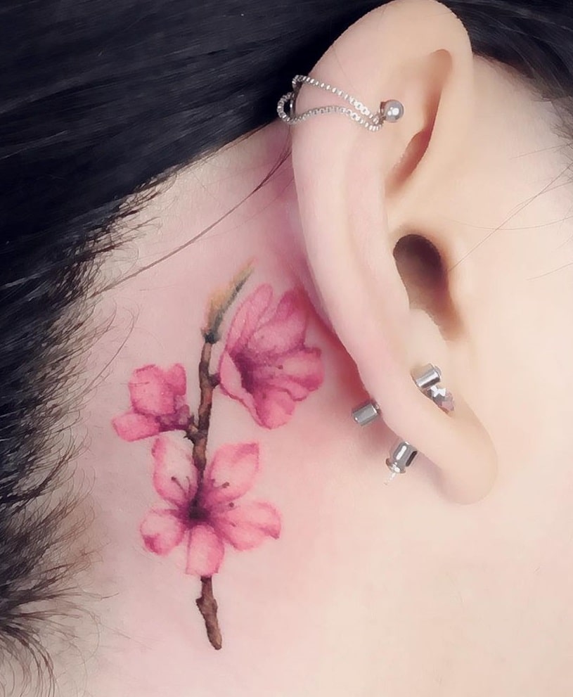 Cherry Blossom Tattoo Behind The Ear 