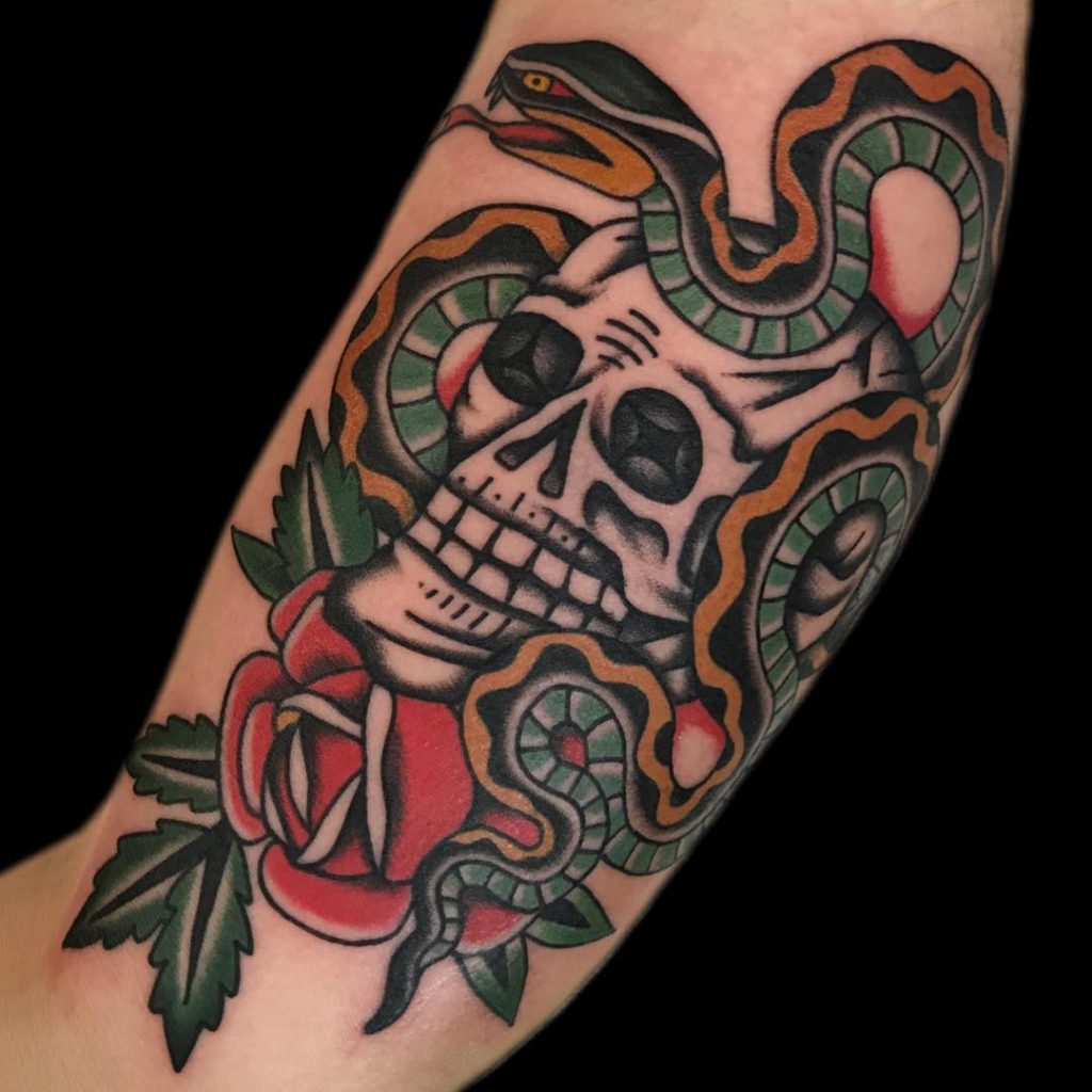 Traditional Skull and Snake Tattoo