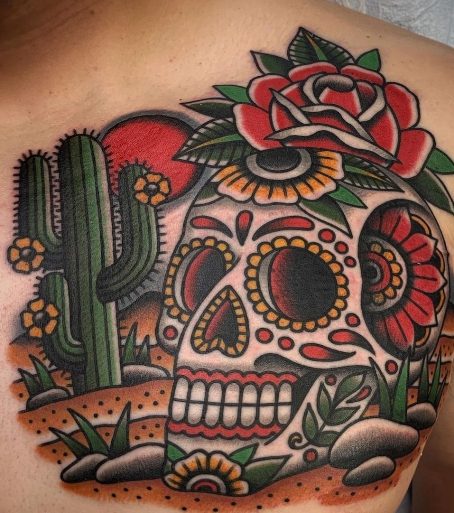 Candy Skull and Cactus Tattoo