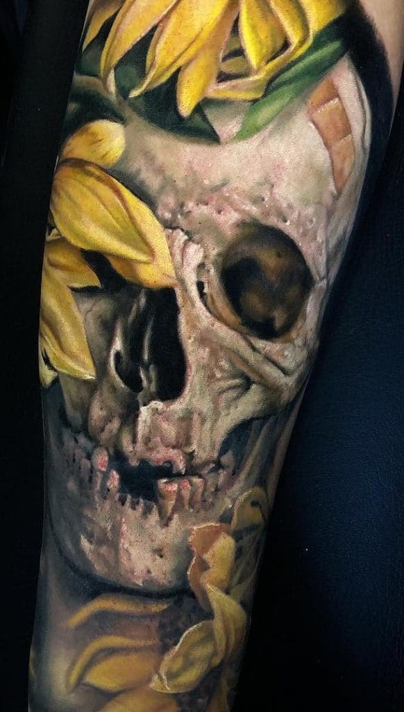 Skull with Sunflower Tattoo