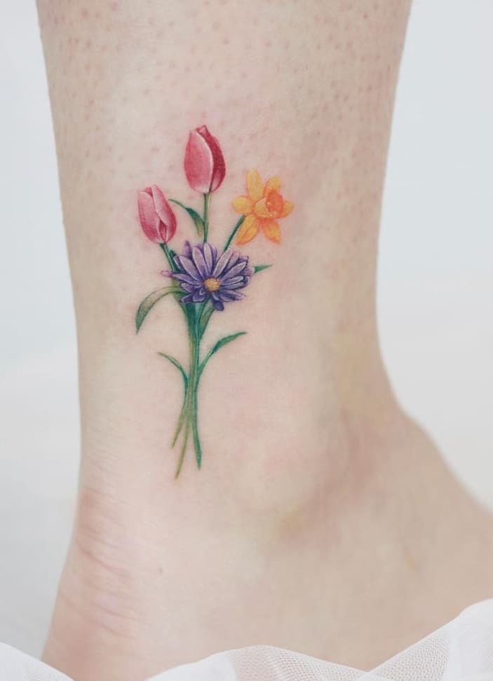 Flower Bouquet Tattoo on the Ankle