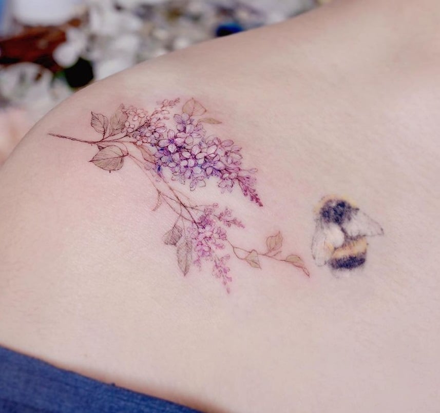 Flower and Bumblebee  Tattoo