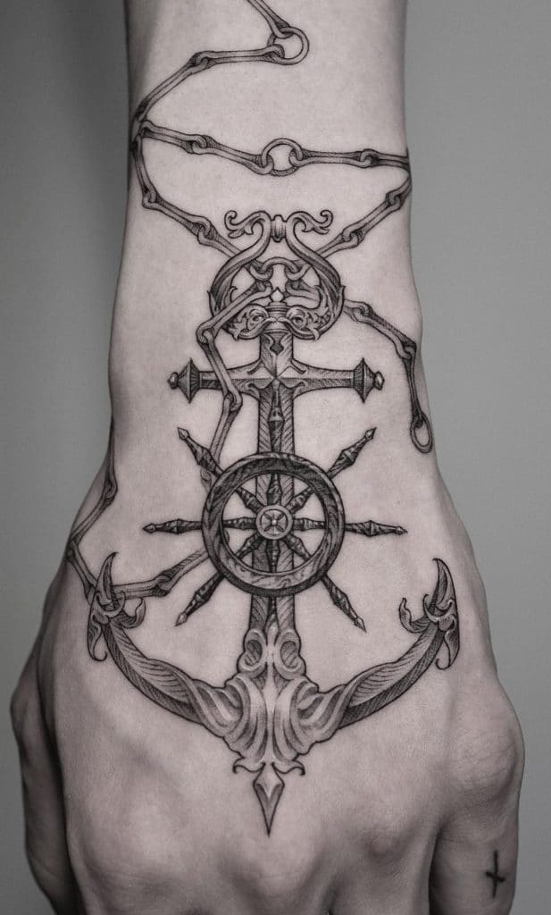 Ship Wheel with Anchor Tattoo