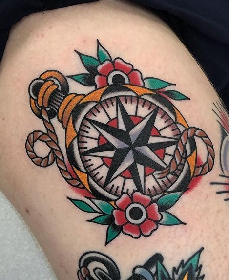 American Traditional Compass Rose Tattoo
