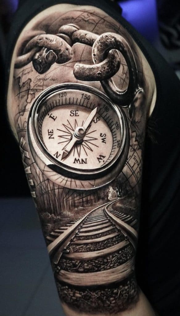 Black and Grey Compass Tattoo