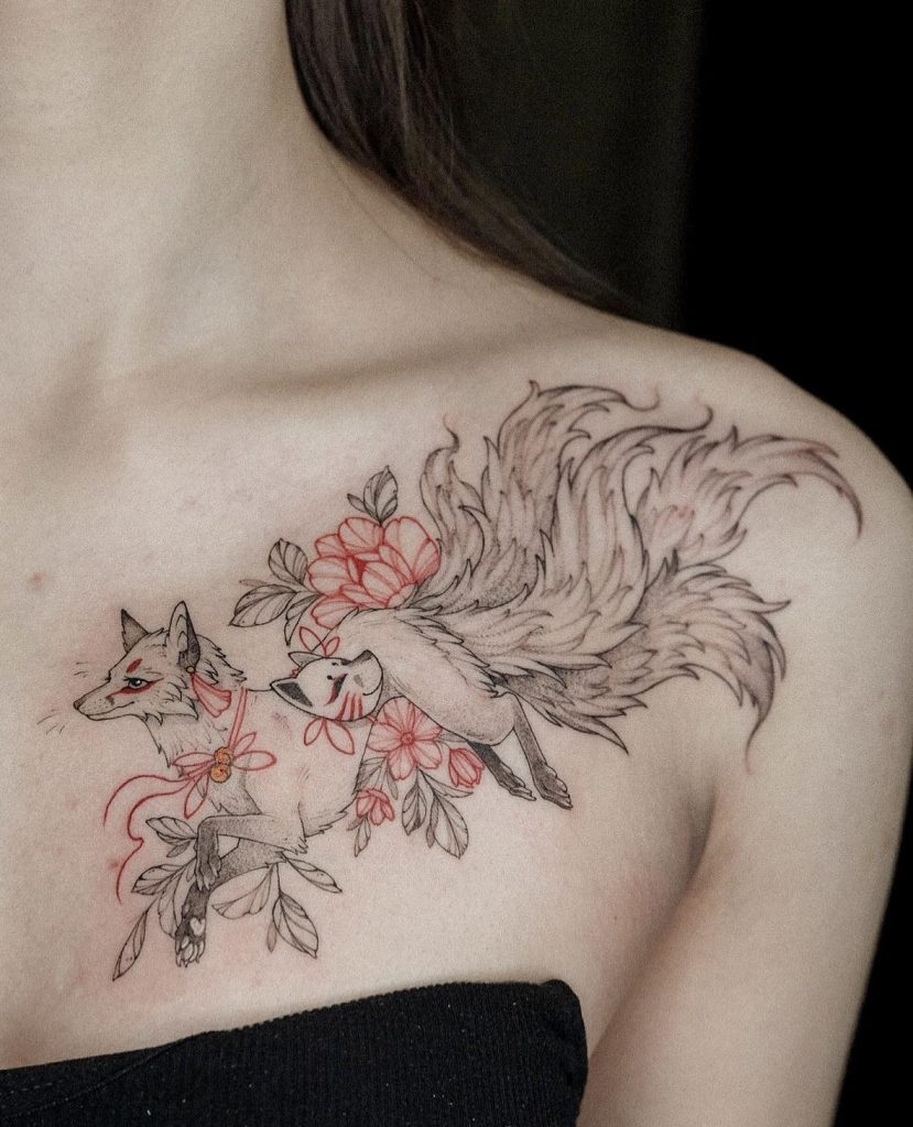 Kitsune Tattoo with Flower Tattoo