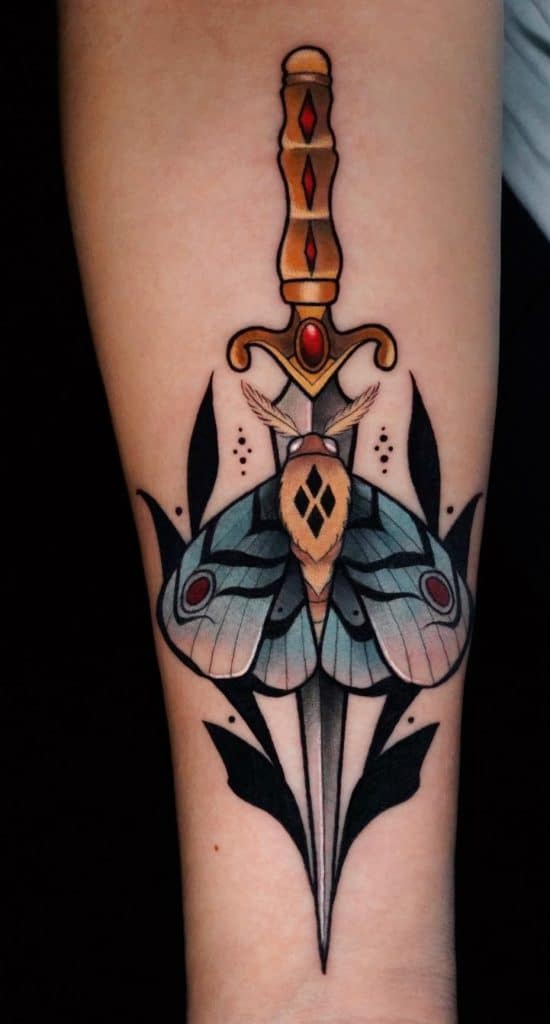 Moth Tattoo with Dagger Tattoo
