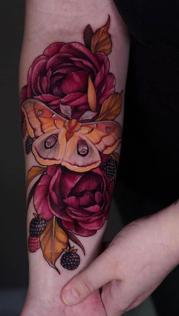 Moth Tattoo with Flower Tattoo