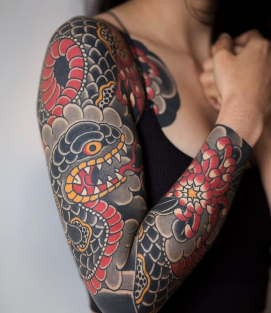 Hebi Tattoo With Chrysanthemum Tattoo